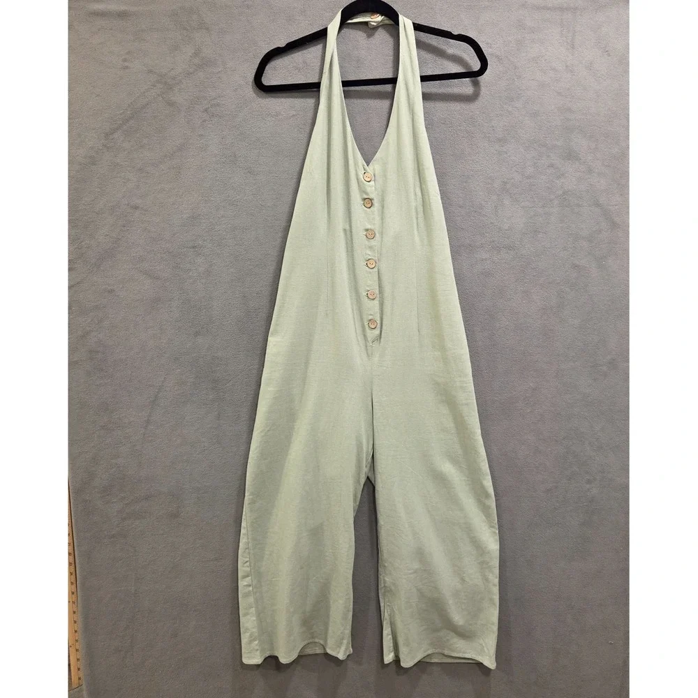 Linen Blend Jumpsuit Womens‎ Size 5 Halter Style V Neck Wide Leg Sage Green Boho